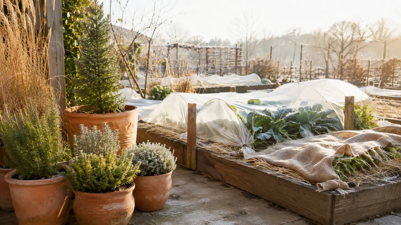 Plantes, potager et pots protégés pour l’hiver dans une ambiance naturelle et lumineuse