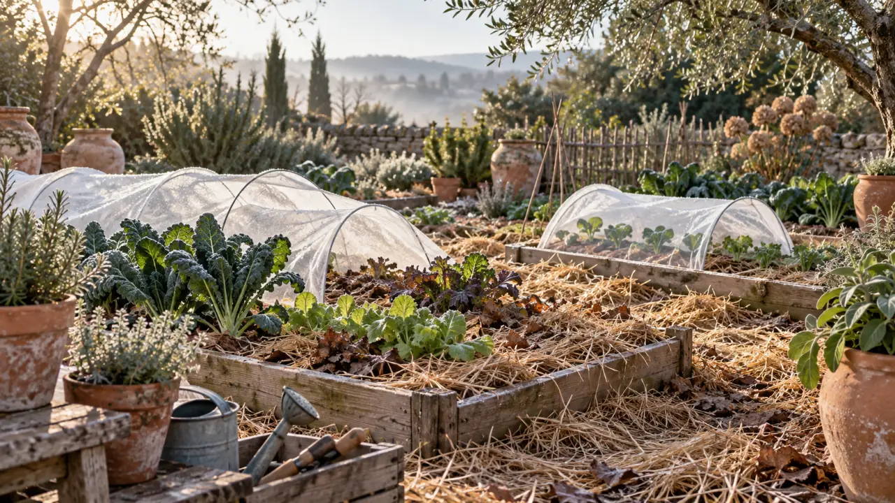 Potager en hiver protégé par un paillage naturel et des voiles d'hivernage