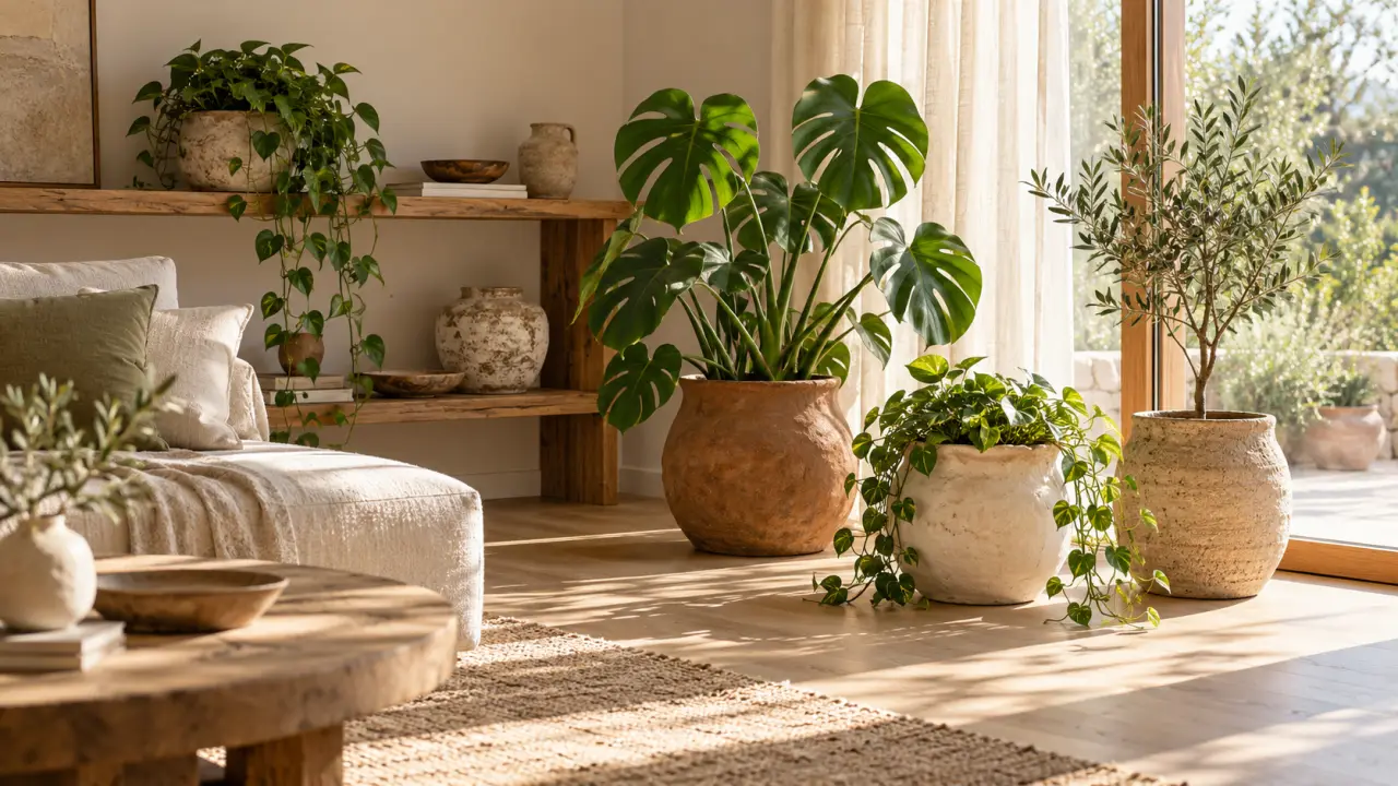 Plantes d'intérieur installées dans des pots en poterie artisanale aux teintes naturelles