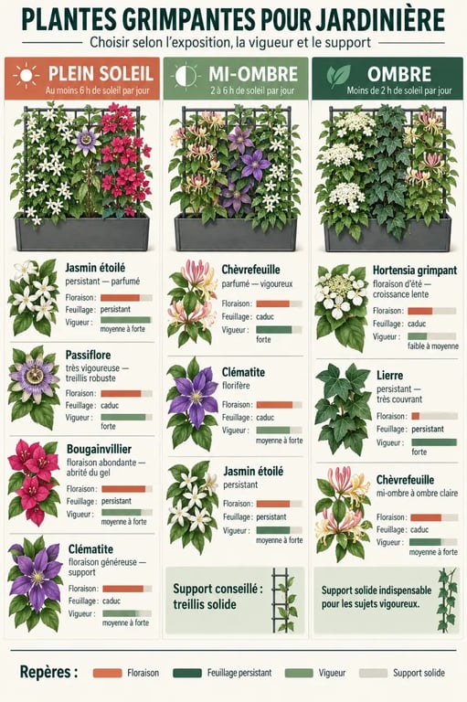Infographie des plantes grimpantes pour jardinière selon l’exposition, la floraison et la vigueur