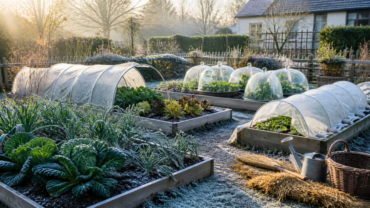 Potager d’hiver protégé par du paillage et un voile d’hivernage dans une ambiance naturelle