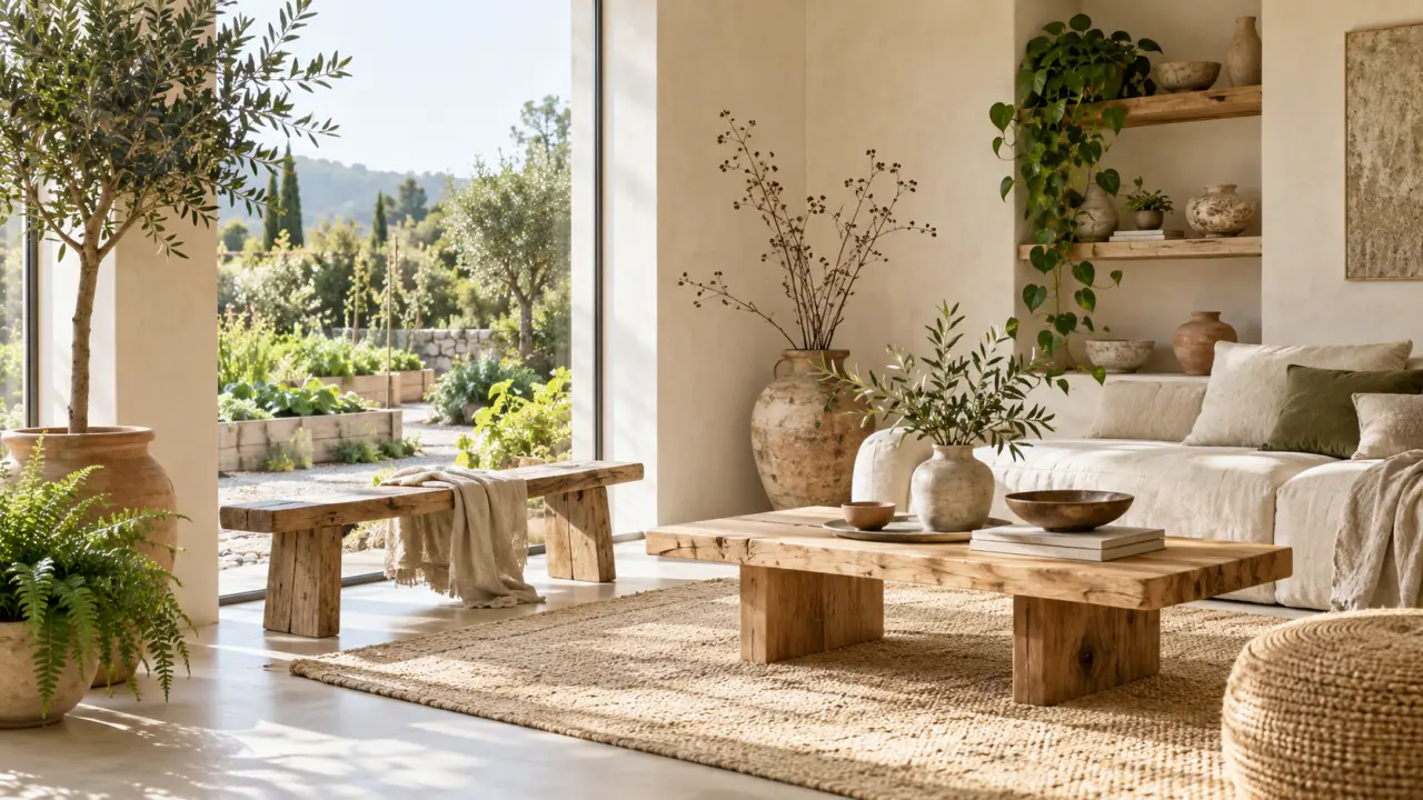 Salon lumineux décoré de plantes vertes et de poteries artisanales aux matières naturelles