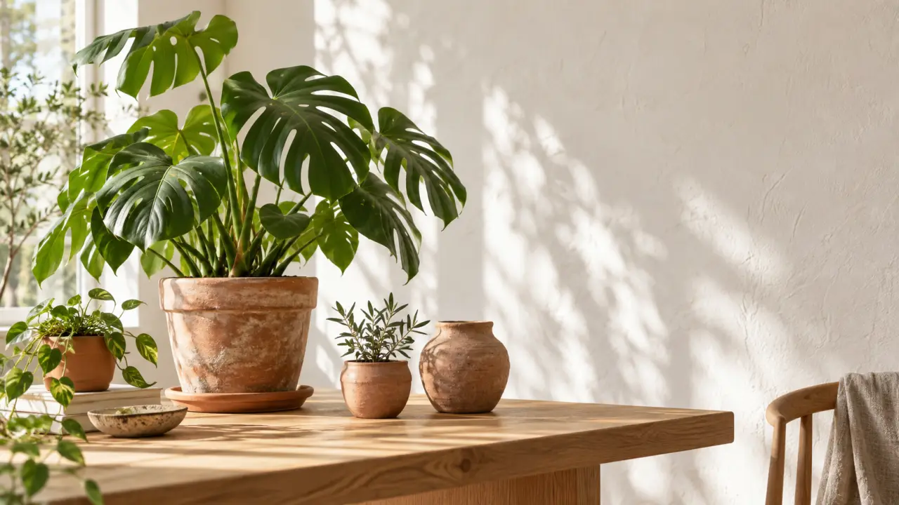 Plante d’intérieur installée dans un pot en terre cuite artisanale