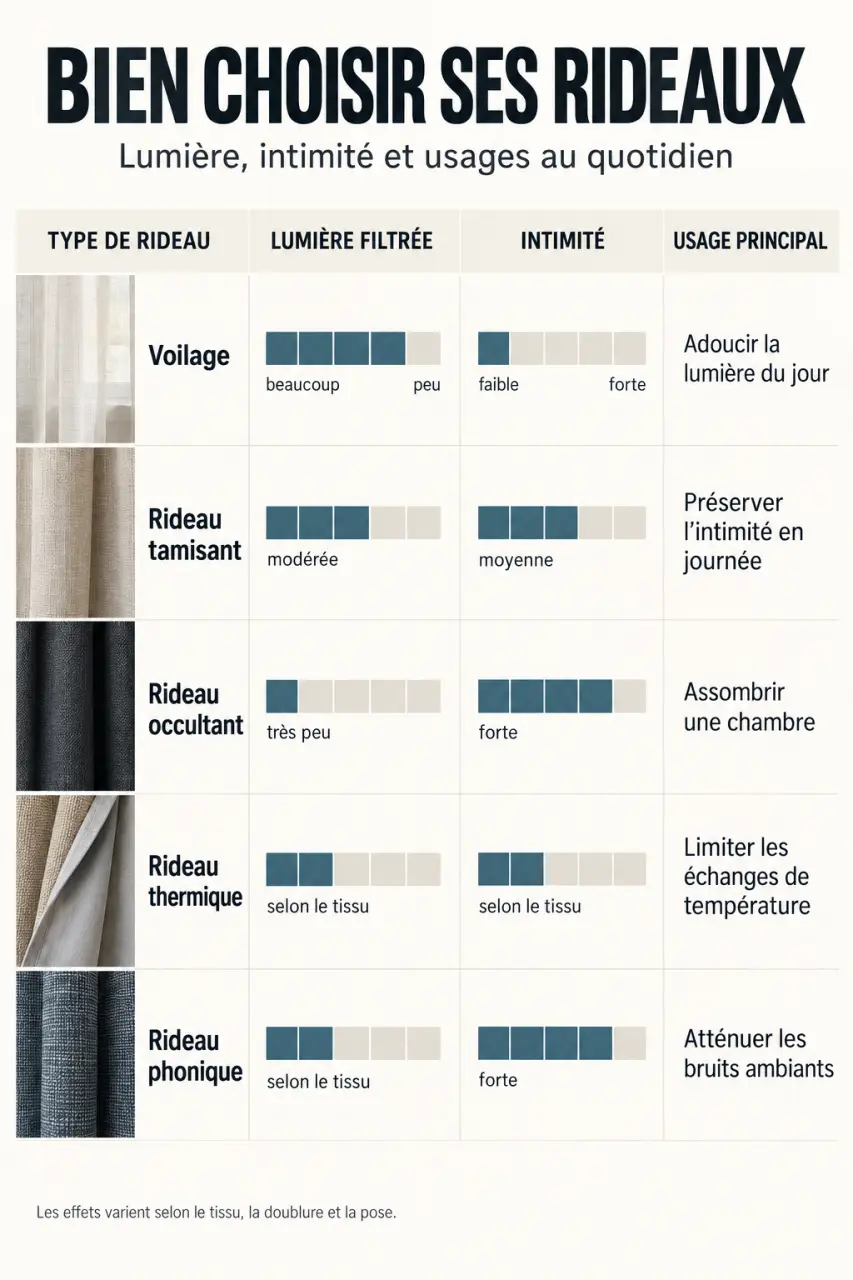 Infographie comparative sur le linge de maison rideau selon la lumière, l’intimité et l’usage