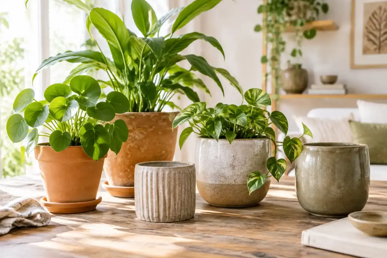 Plante d’intérieur installée dans un pot artisanal en terre cuite